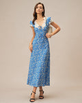 Blue V Neck Floral Maxi Dress