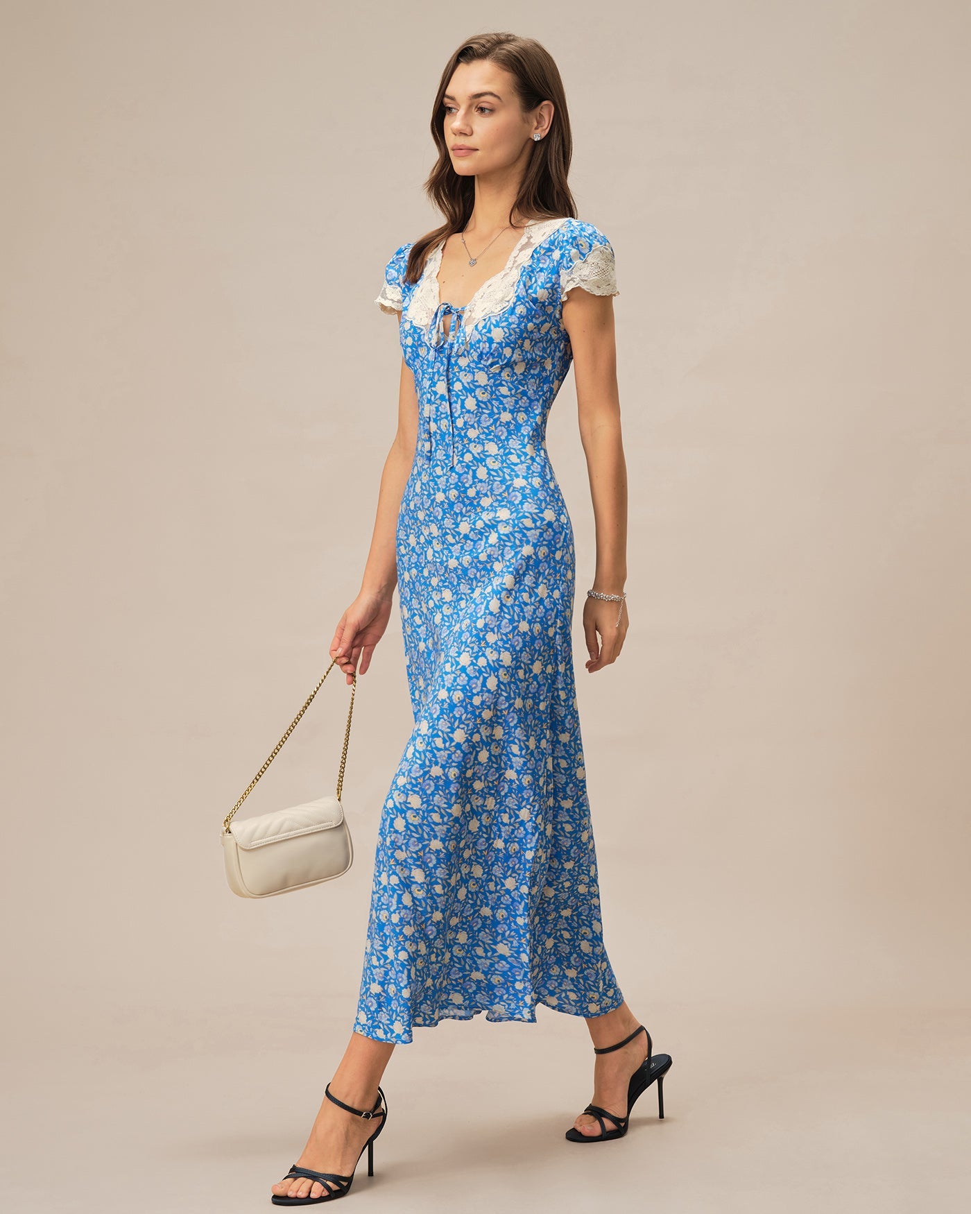 Blue V Neck Floral Maxi Dress