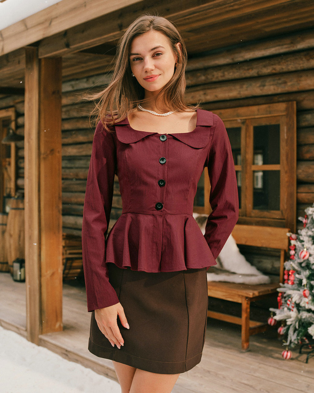 Brick Red Square Neck Viscose Blouse