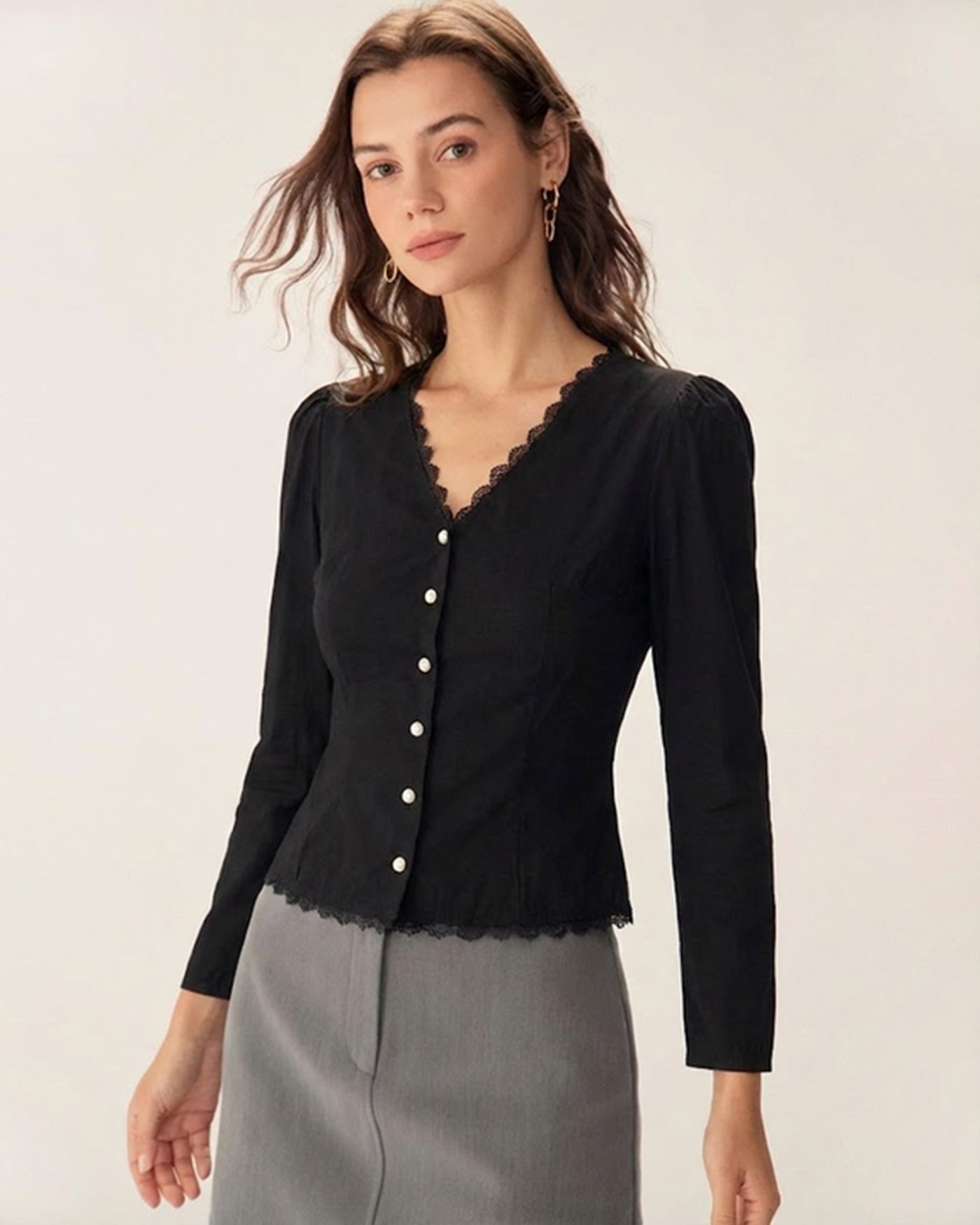 Black V Neck Lace Blouse