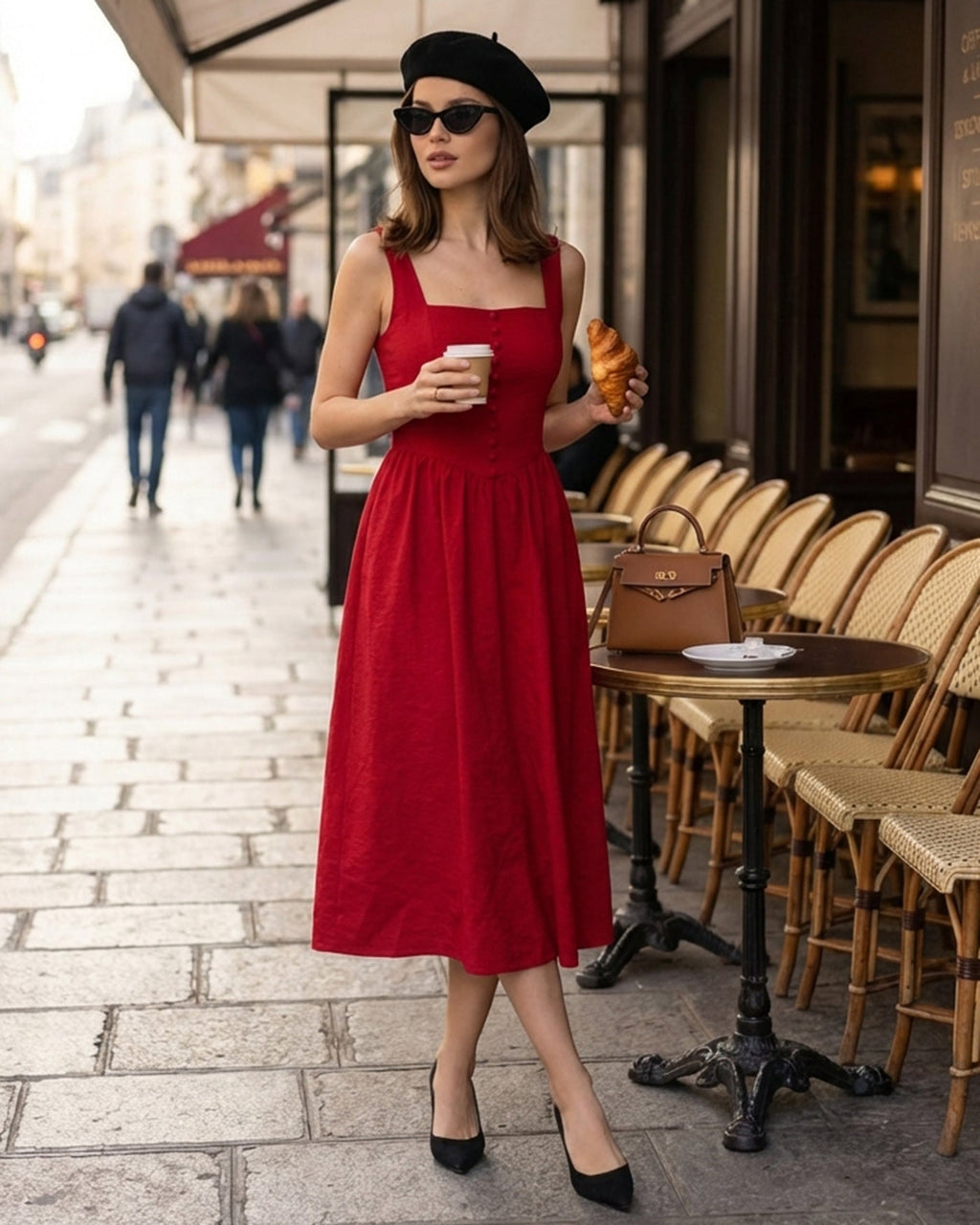 Red Square Neck Midi Dress