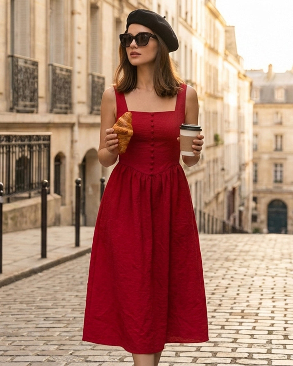 Red Square Neck Midi Dress