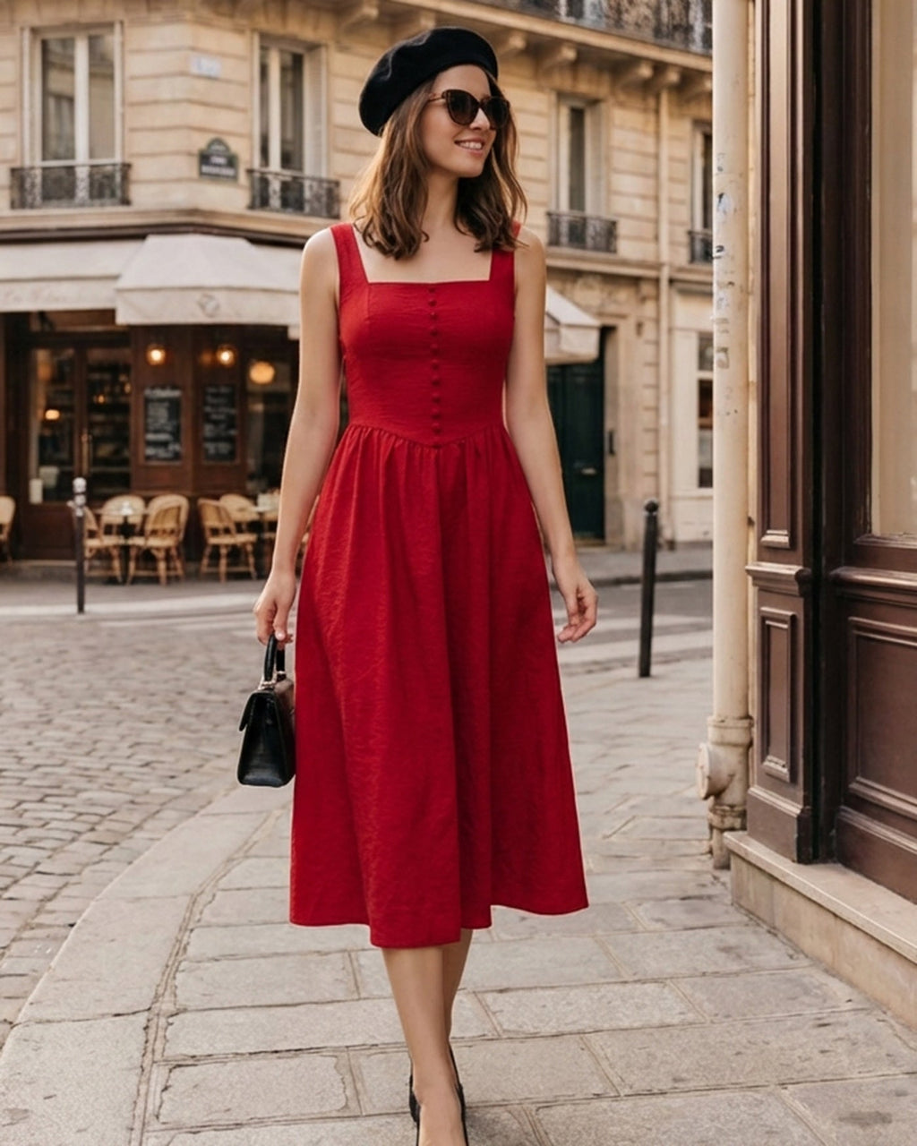 Red Square Neck Midi Dress