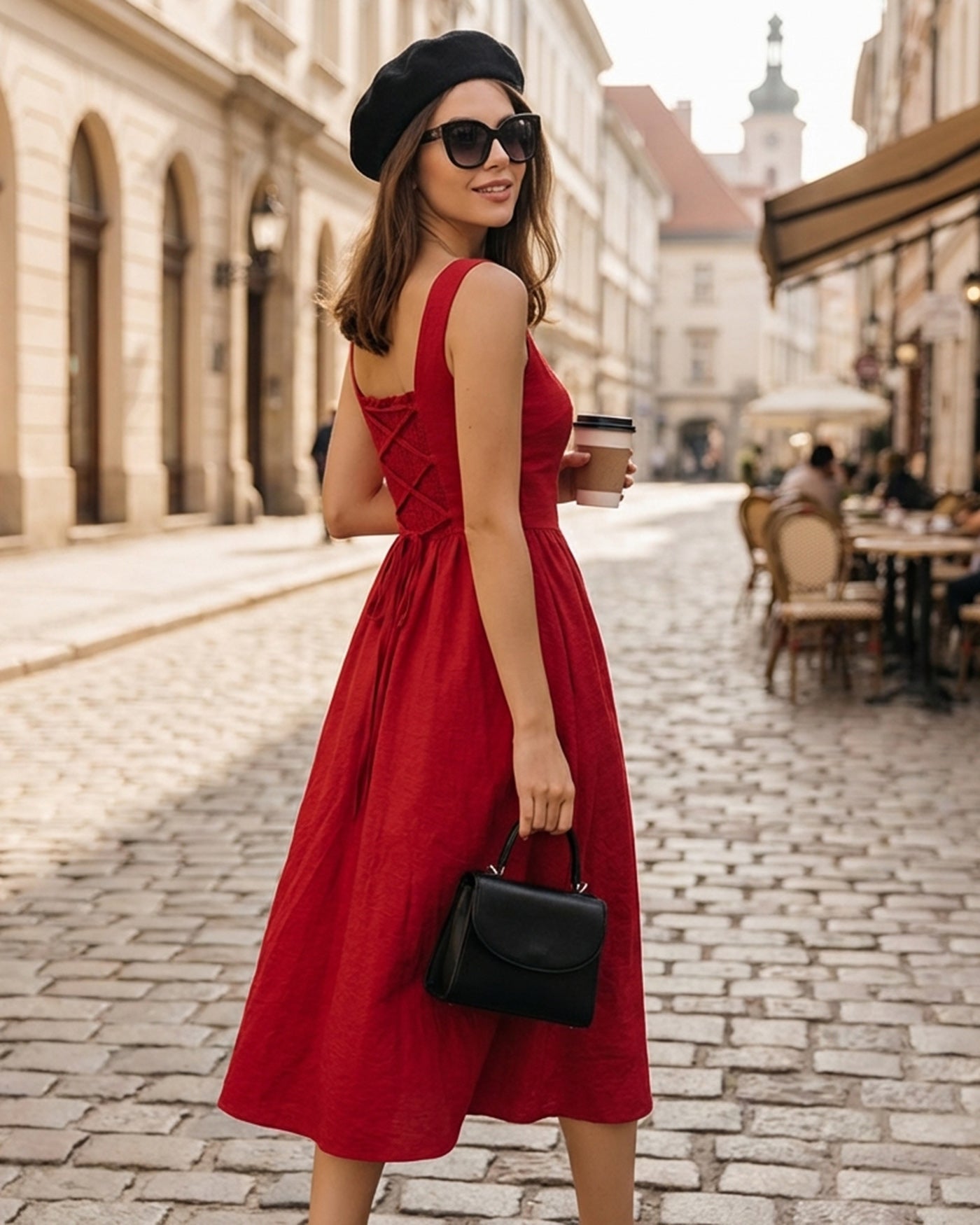 Red Square Neck Midi Dress