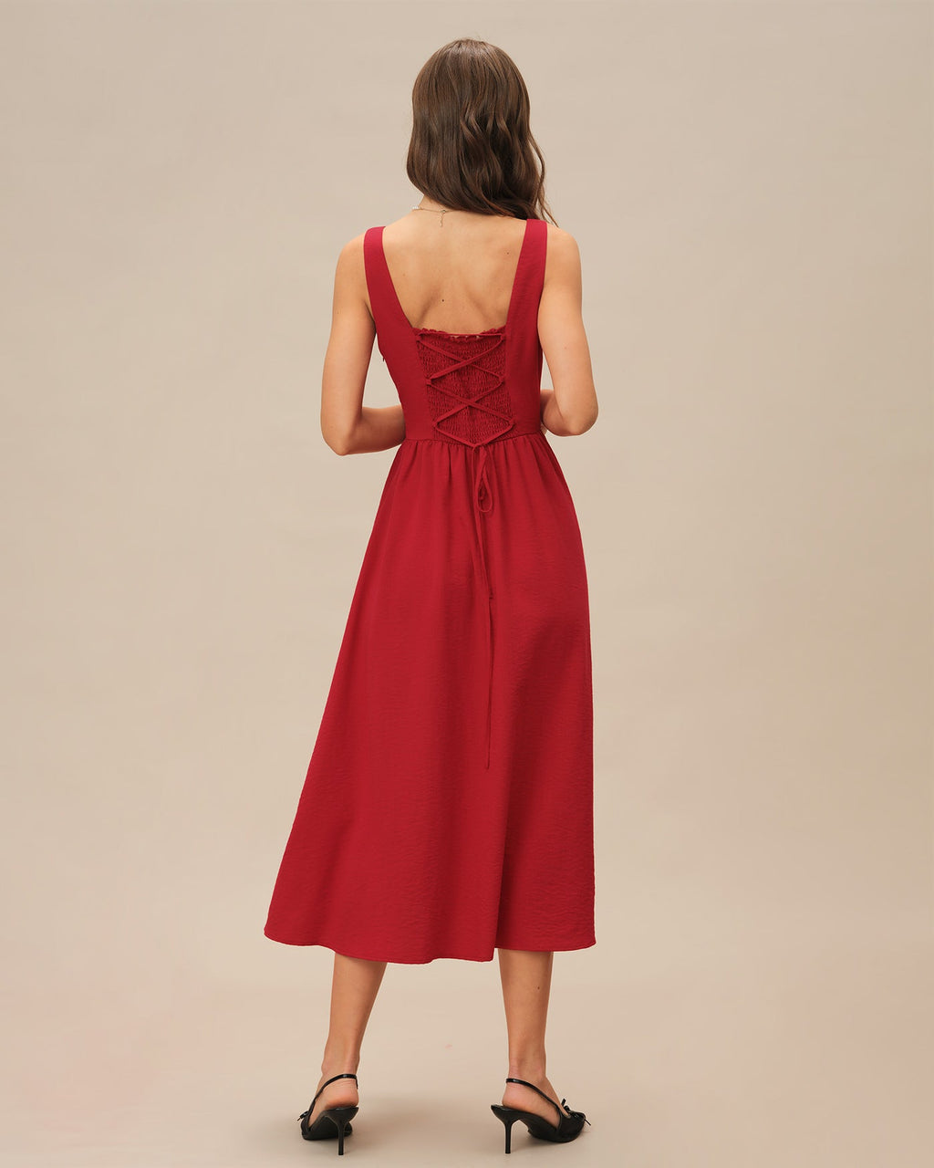Red Square Neck Midi Dress