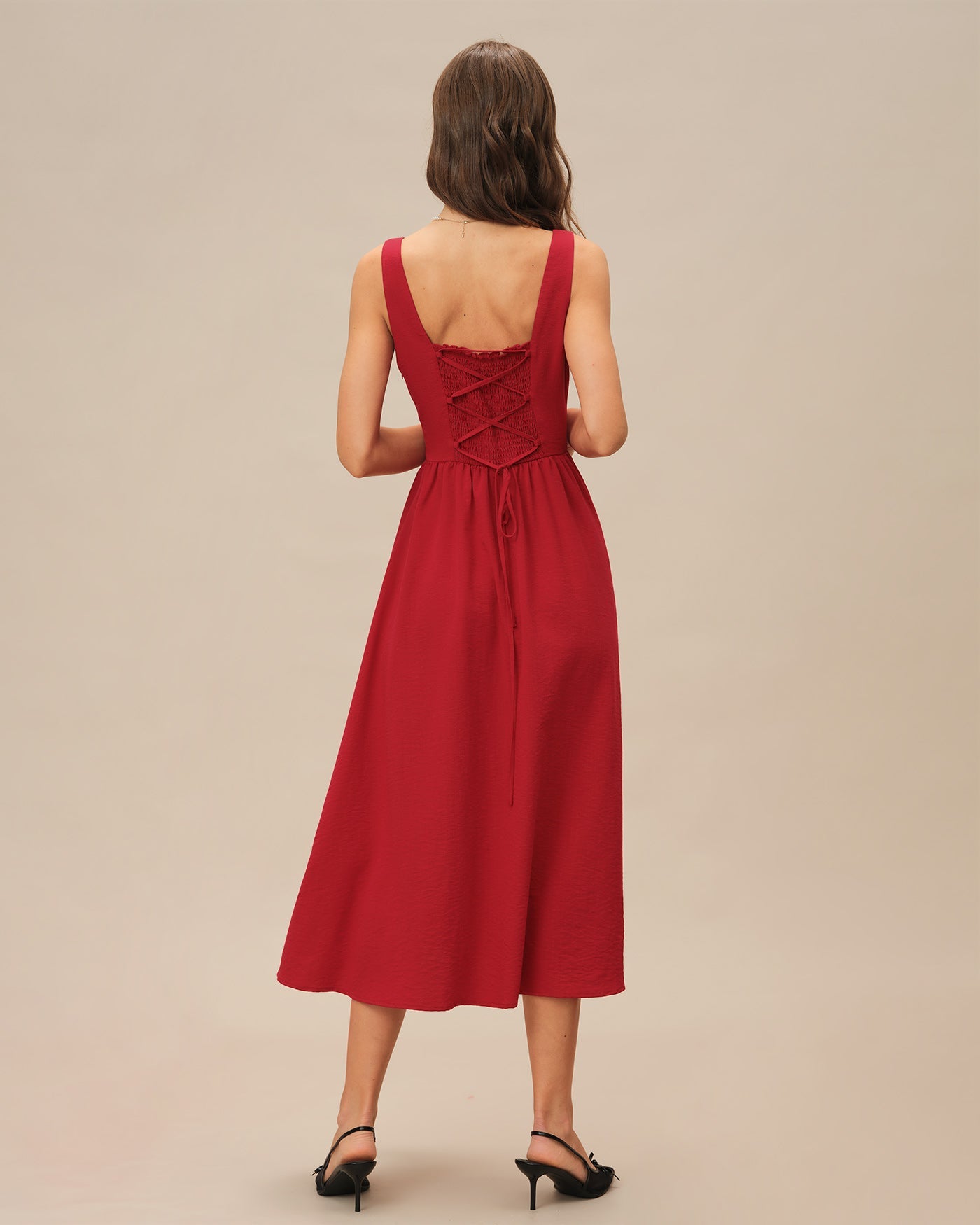 Red Square Neck Midi Dress