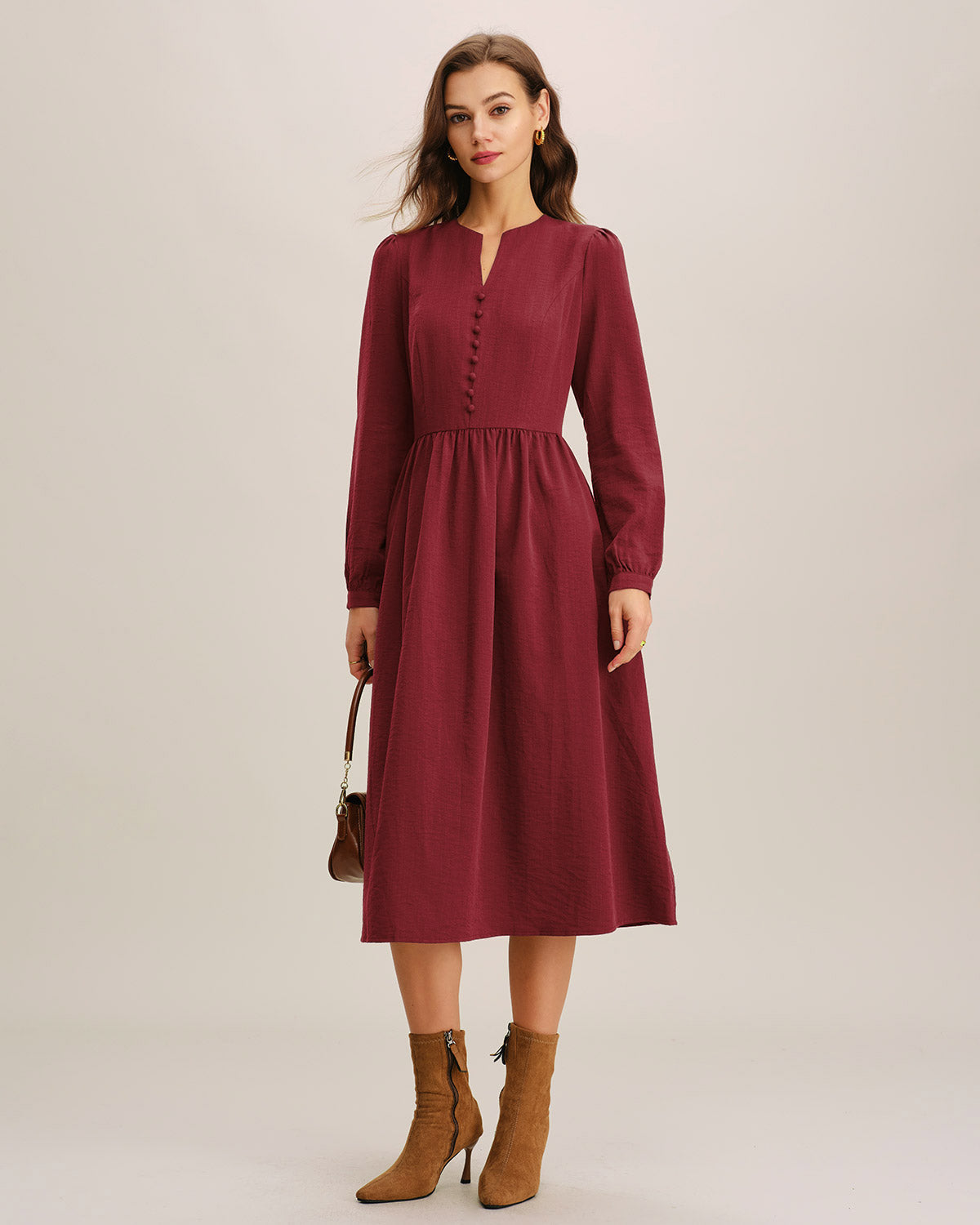 Red French Sleeve A-Line Midi Dress