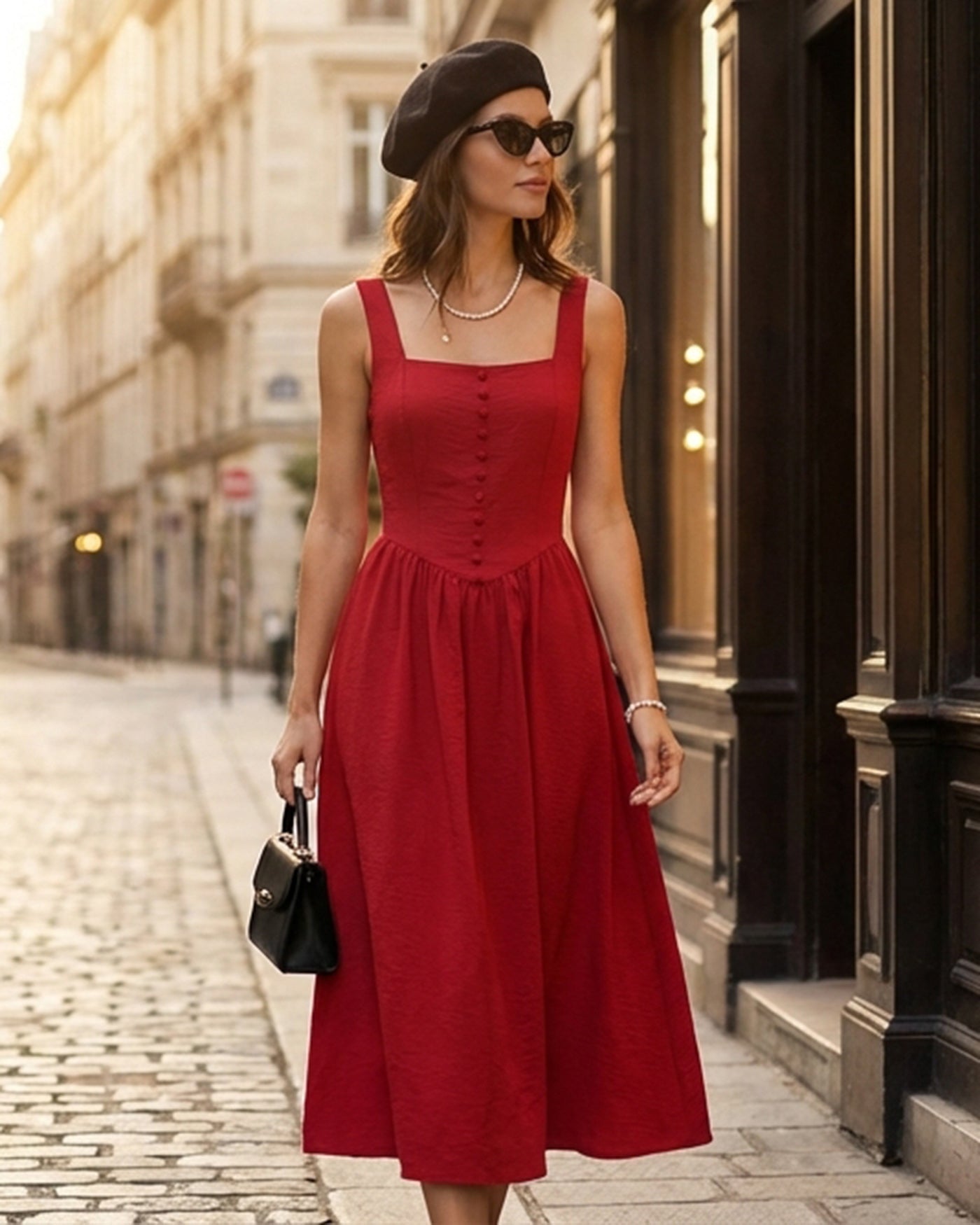 Red Square Neck Midi Dress