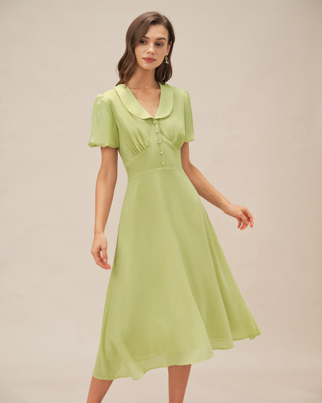 Green Collar Button Midi Dress