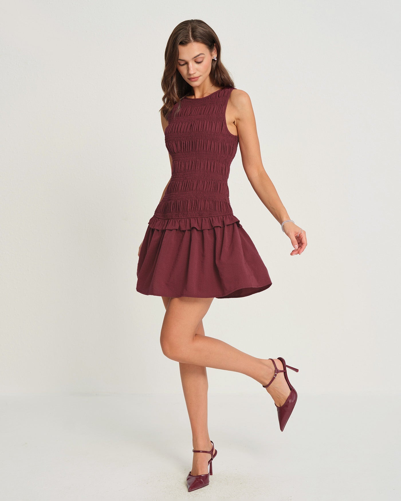 Wine Red Sleeveless Shirred Mini Dress