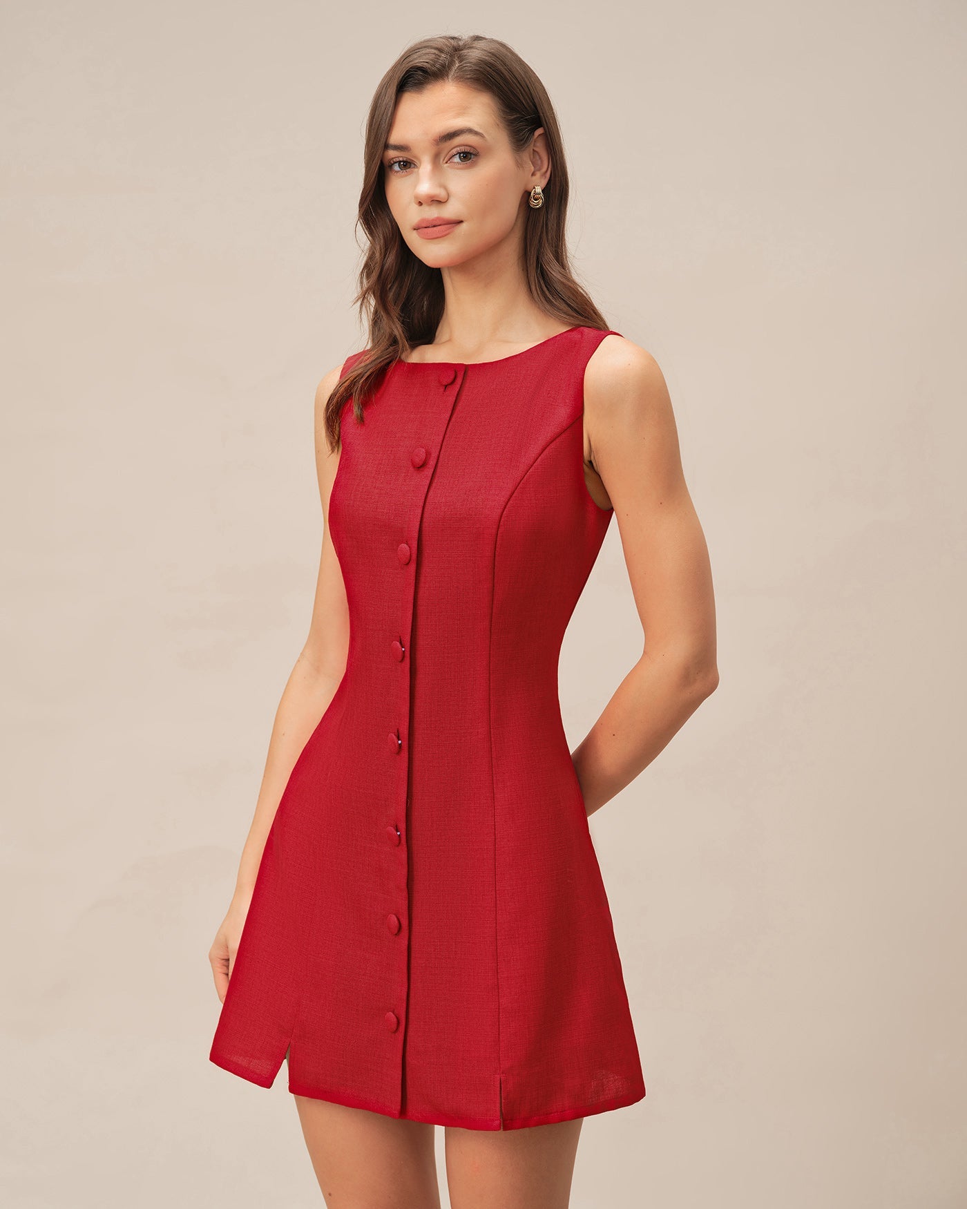 Red Boat Neck Button Mini Dress