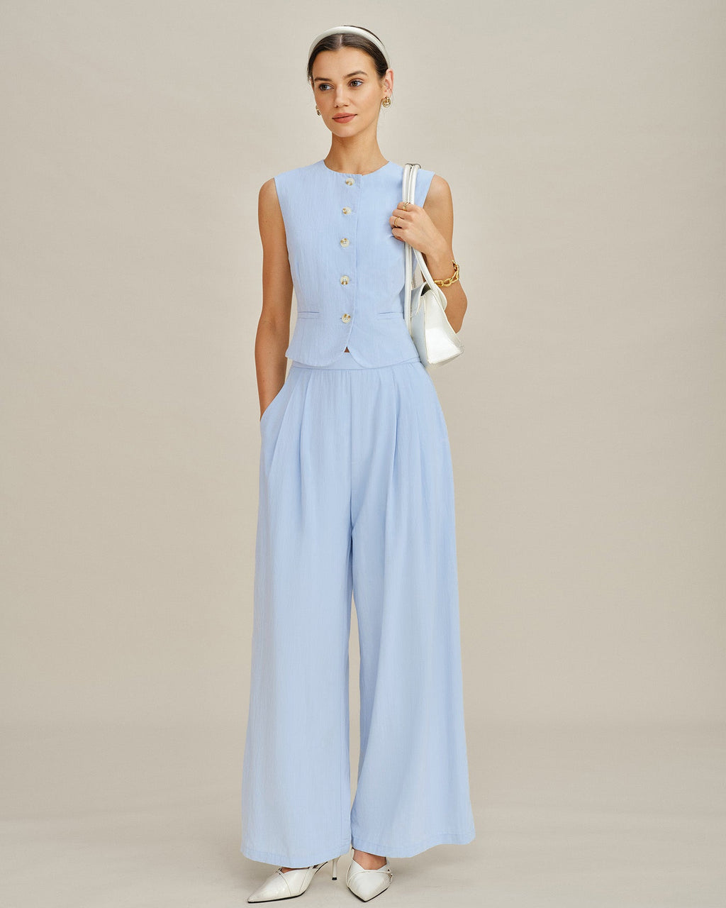 Blue Solid Pockets Straight Pants