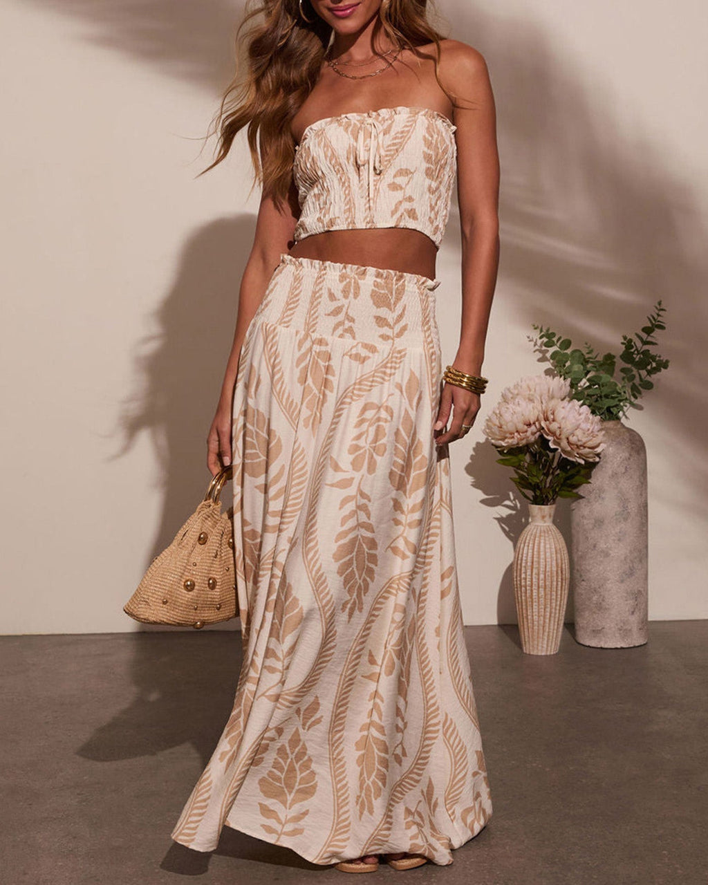 Apricot Strapless Shirred Two-Piece Skirt Set