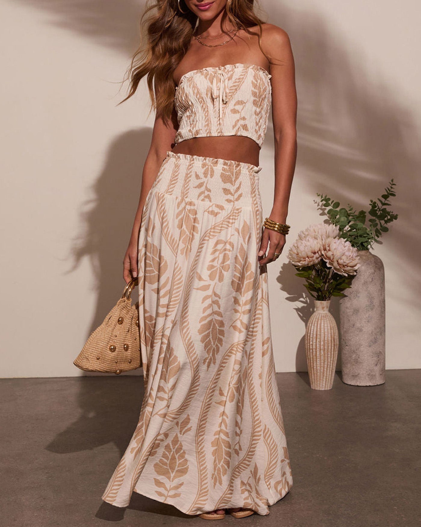Apricot Strapless Shirred Two-Piece Skirt Set