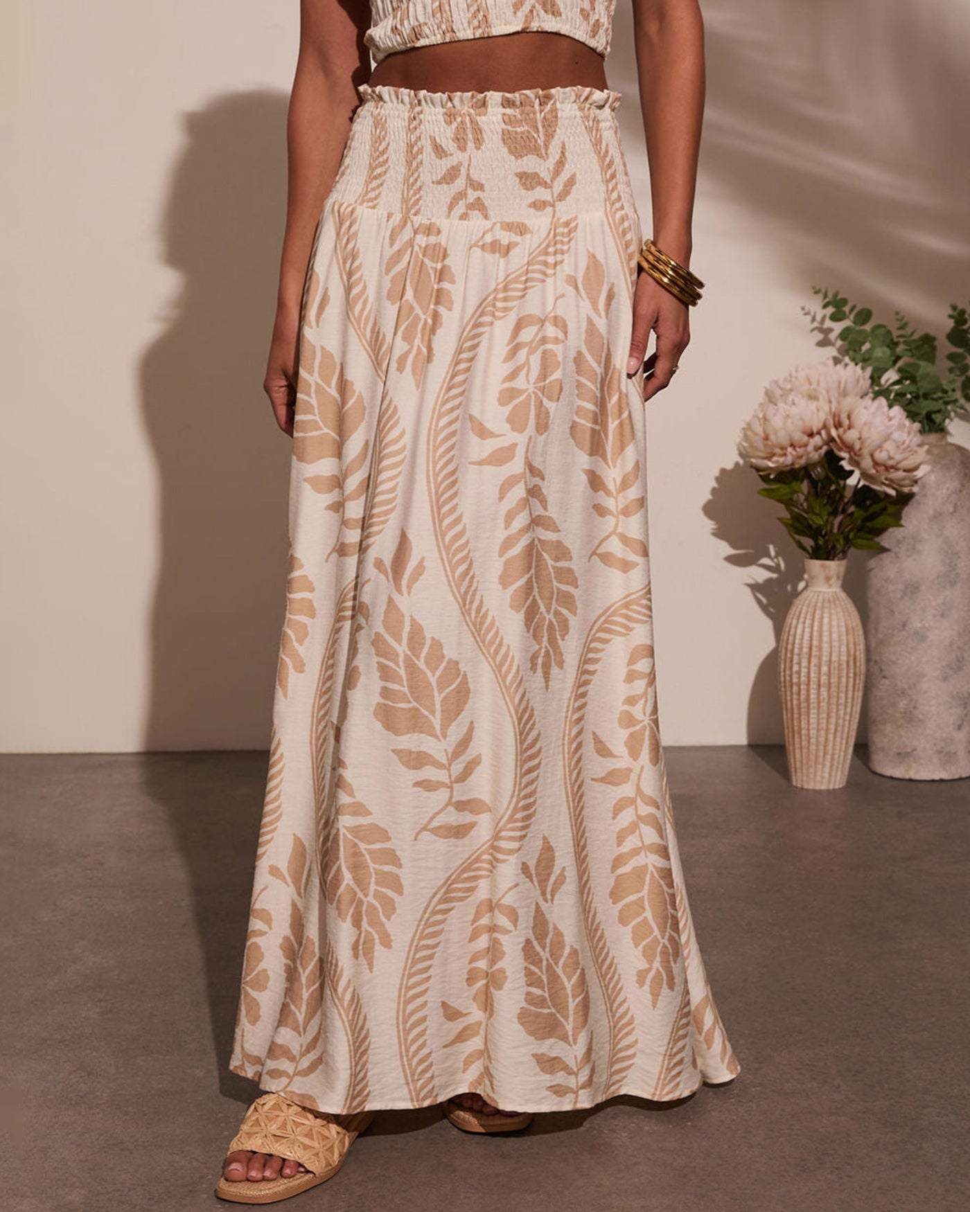 Apricot Strapless Shirred Two-Piece Skirt Set