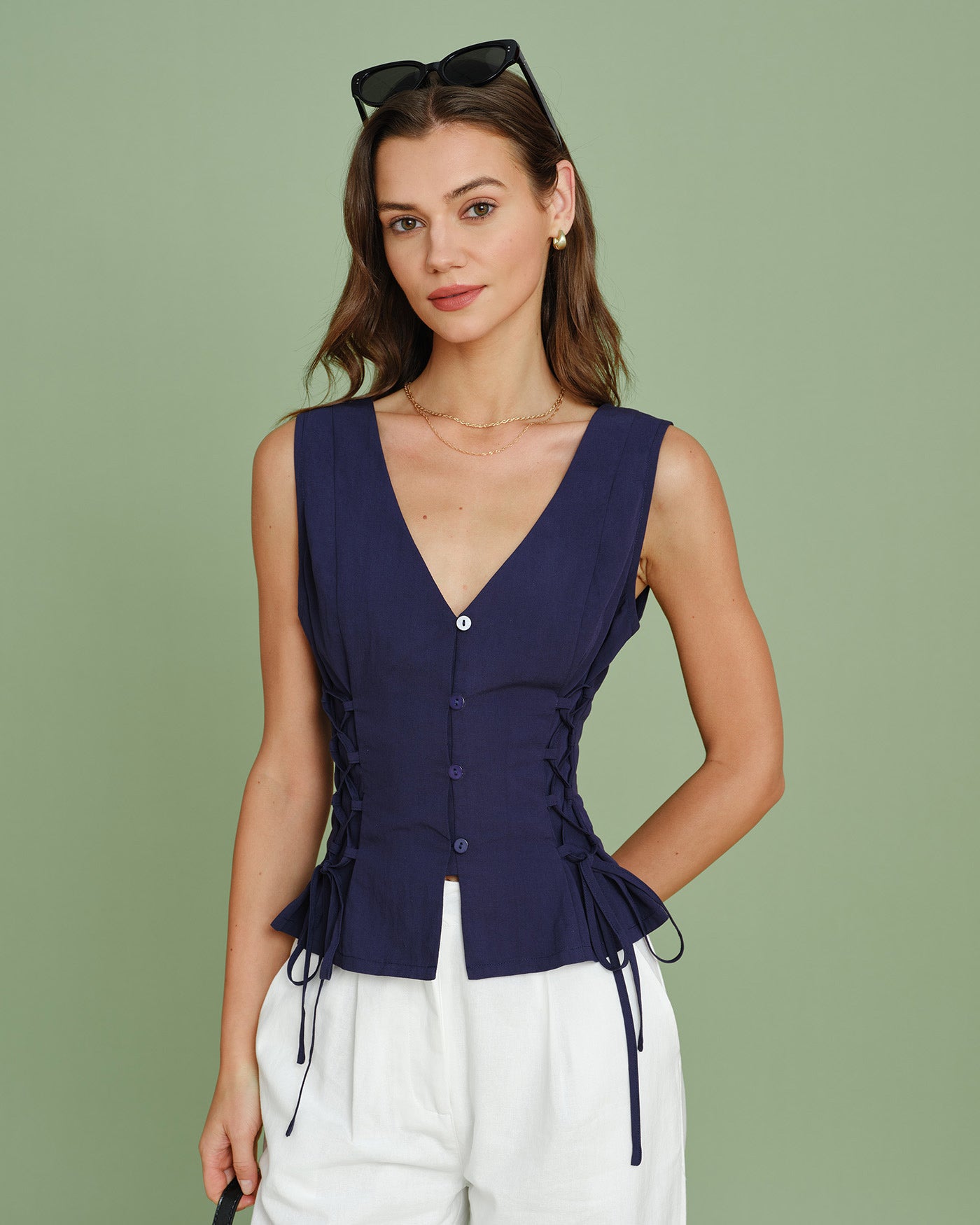 Navy V Neck Single Breasted Tie Vest