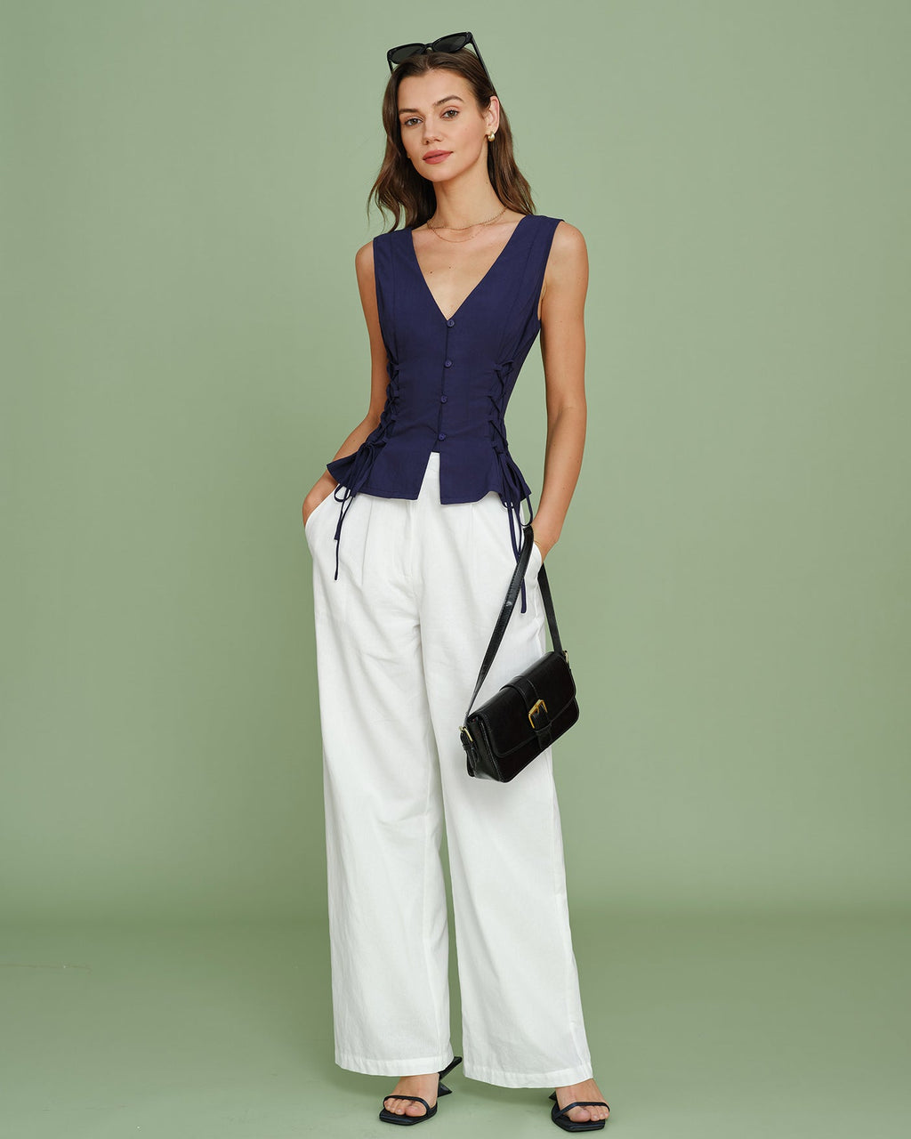 Navy V Neck Single Breasted Tie Vest