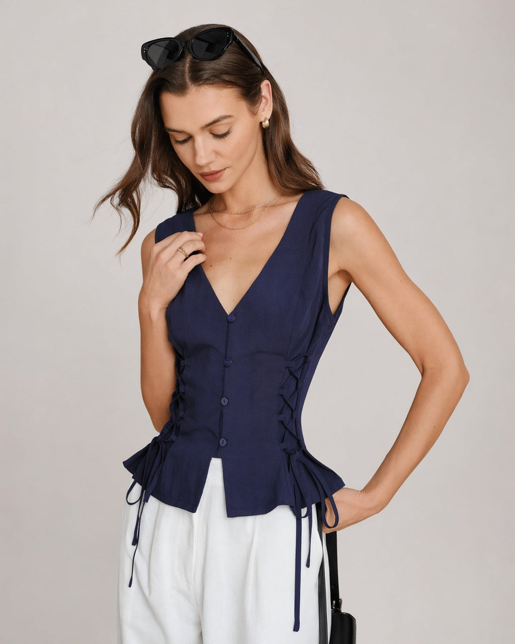Navy V Neck Single Breasted Tie Vest