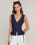 Navy V Neck Single Breasted Tie Vest